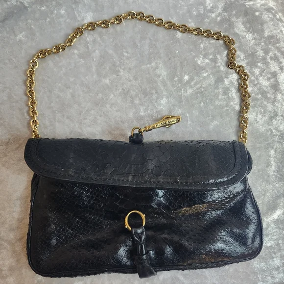 Henri Bendel Black Snake Leather Gold Chain Shoulder Clutch Bag - Picture 2 of 8